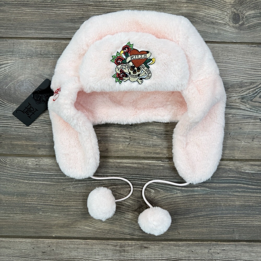 Ed‎ Hardy Women's Trapper Hat Pink Faux Fur  Pompoms Love Kills Skull NEW